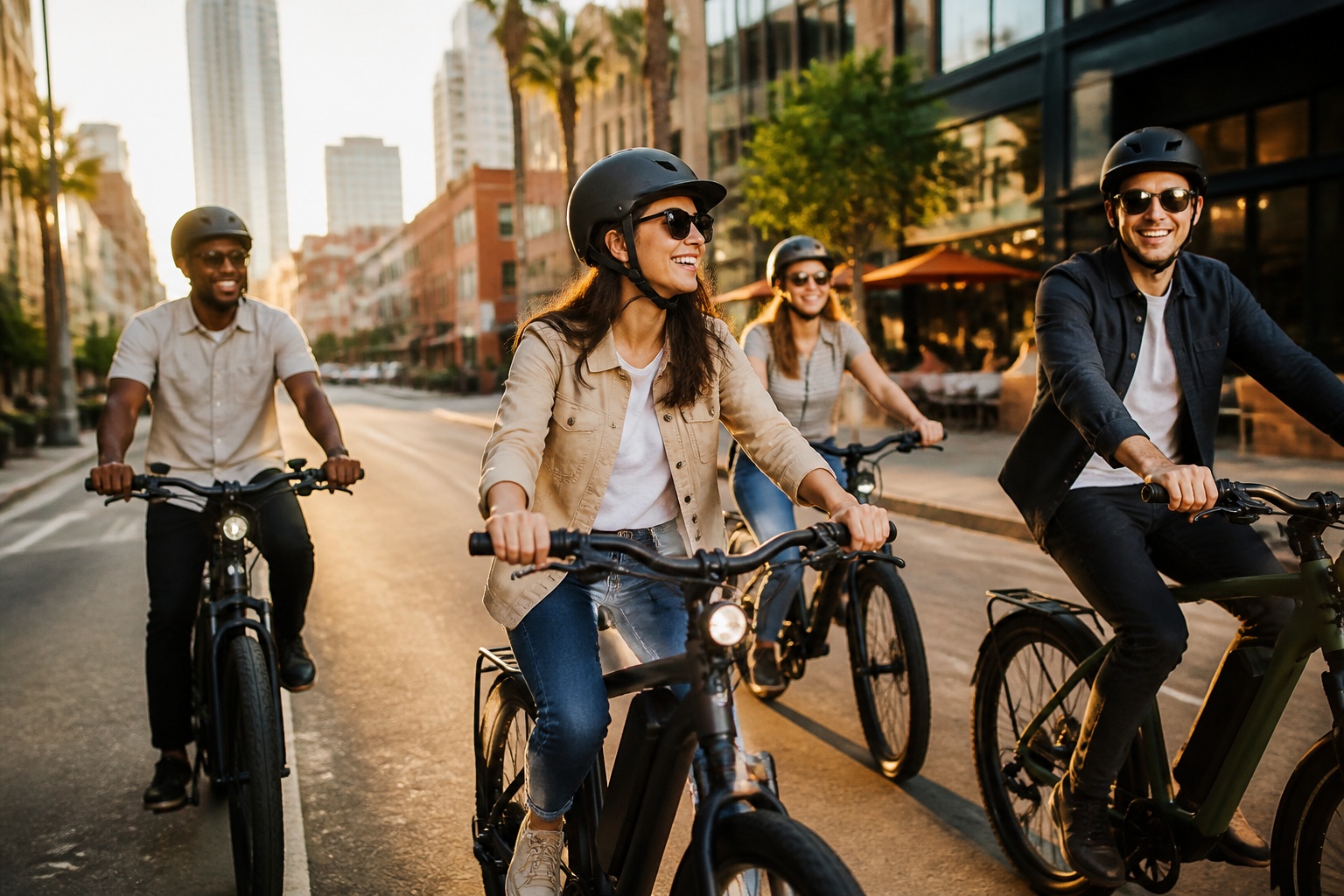 Urban e-bike riders at golden hour